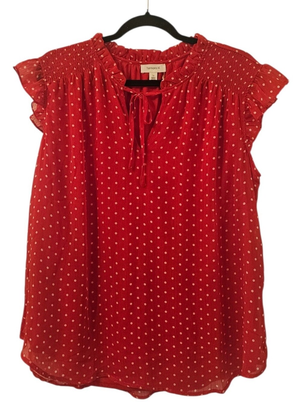 Red and White Tamara H Women's Polka Dot Smocked Ruffle Blouse